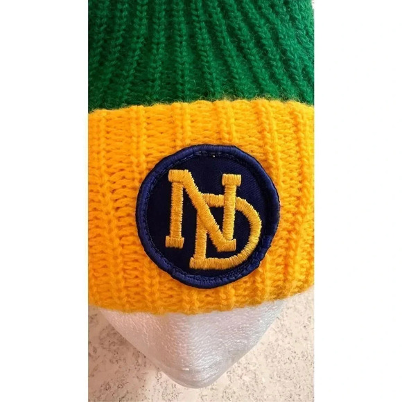 Vintage Handmade Knit Notre Dame Fighting Irish Beanie Hat Cap Green Yellow - Picture 5 of 9